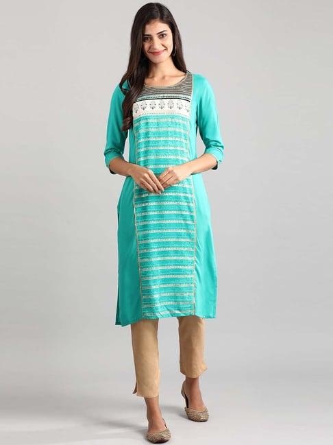 aurelia sea green printed straight kurta