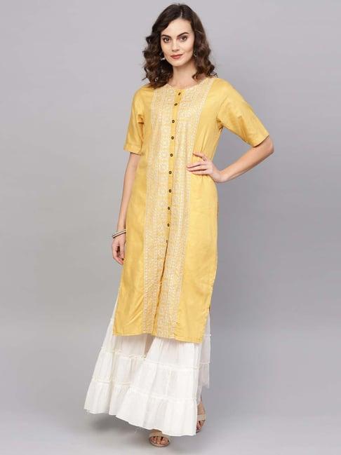 indo era yellow cotton embroidered straight kurta