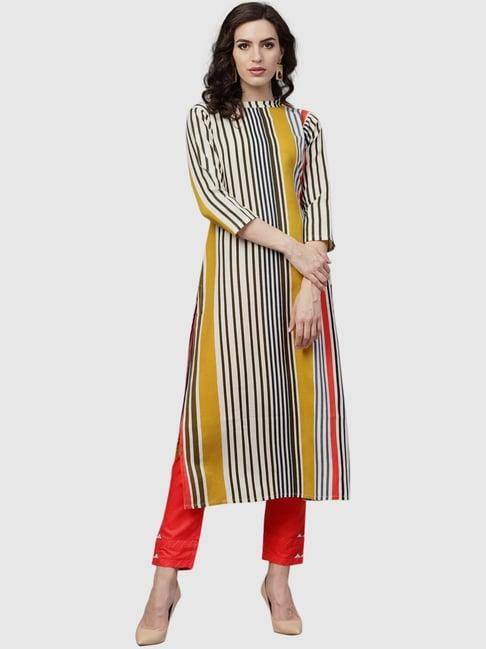 indo era multicolored cotton striped straight kurta