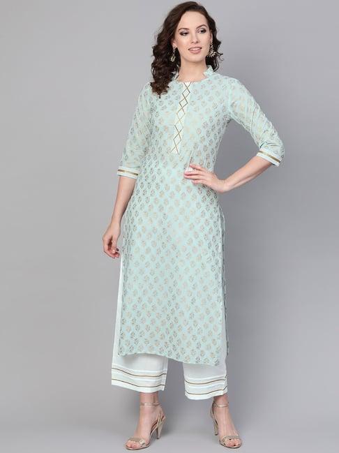 idalia cyan blue & off-white cotton printed kurta palazzo set