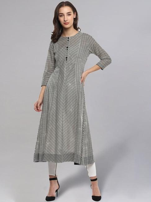 idalia black & white cotton striped a line kurta