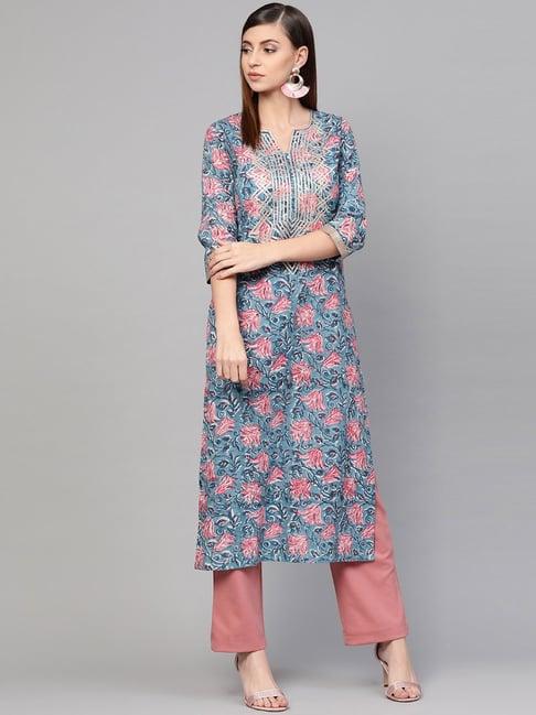 idalia blue cotton floral print straight kurta