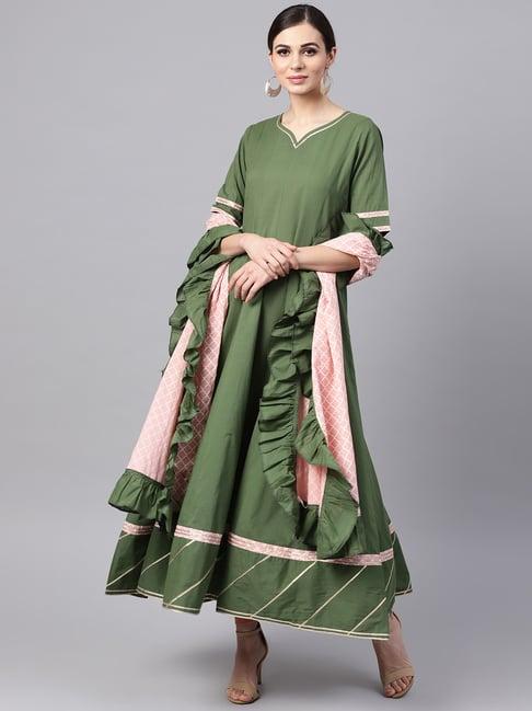 idalia mehandi green cotton anarkali kurta with dupatta