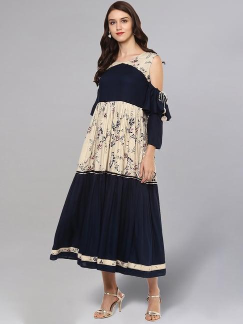 idalia beige & navy floral print a-line dress