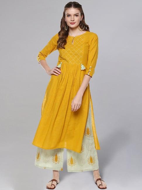 idalia mustard & sage green cotton embroidered kurta palazzo set