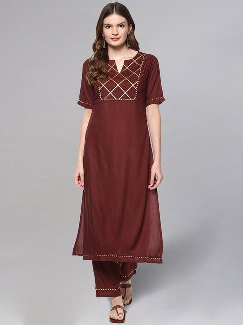 idalia brown zari work kurta pant set