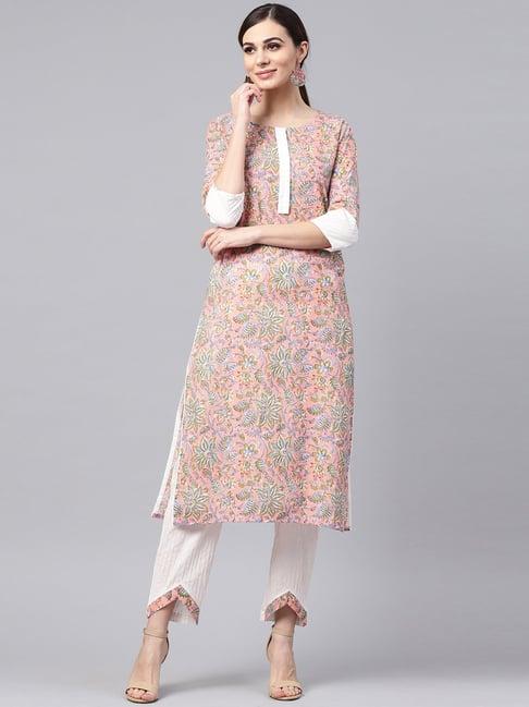 idalia salmon pink & white cotton printed kurta pant set