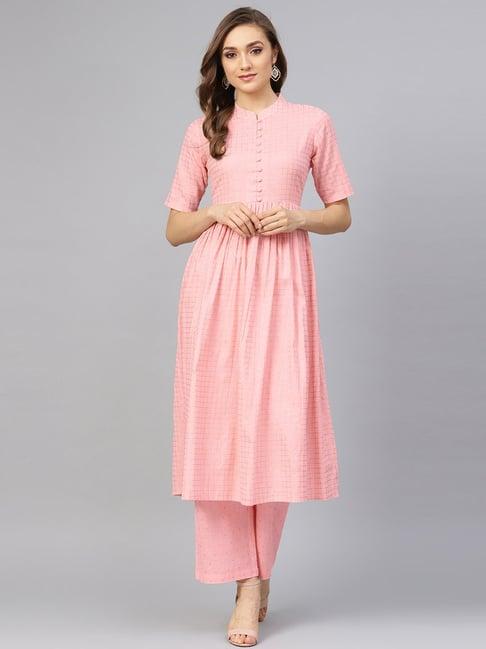 idalia blush pink cotton chequered kurta palazzo set