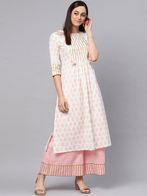 idalia white & baby pink cotton printed kurta palazzo set