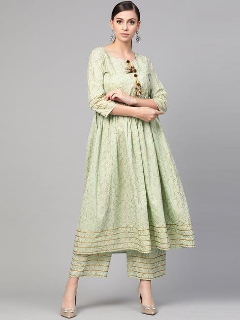 idalia light green cotton printed kurta palazzo set