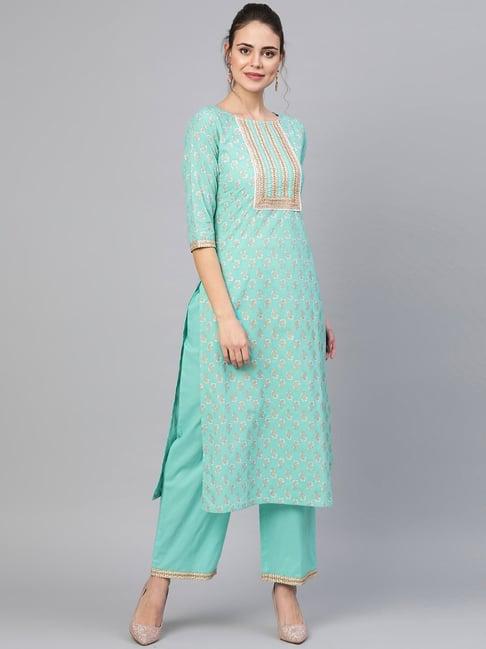 idalia sea green cotton printed kurta palazzo set