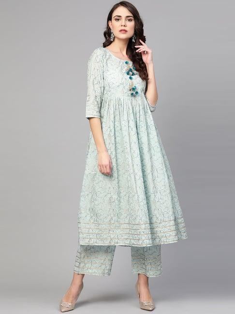 idalia cyan blue cotton printed kurta palazzo set