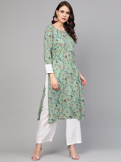 idalia green & white printed kurta palazzo set