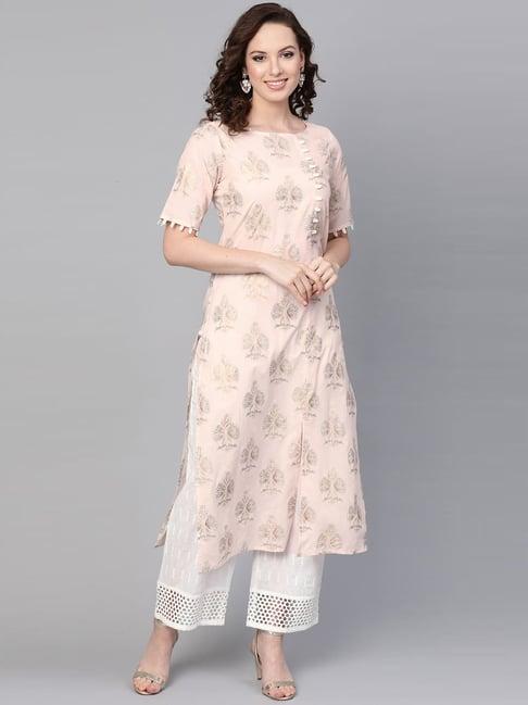 idalia peach & white cotton printed kurta palazzo set