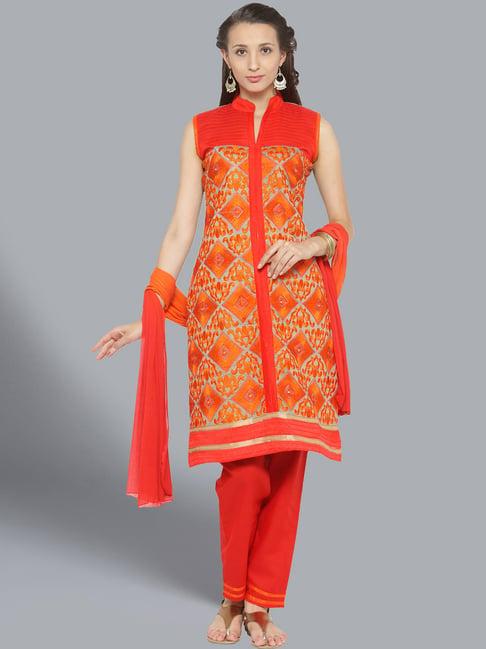 chhabra 555 orange & red embroidered semi-stitched dress material with dupatta