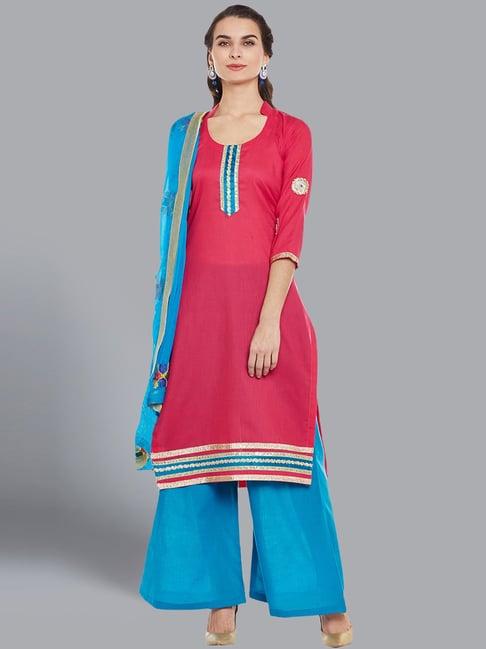 chhabra 555 pink & blue zari work unstitched dress material with dupatta