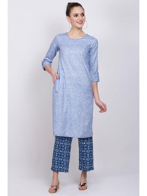 rangriti blue cotton kurta pant set