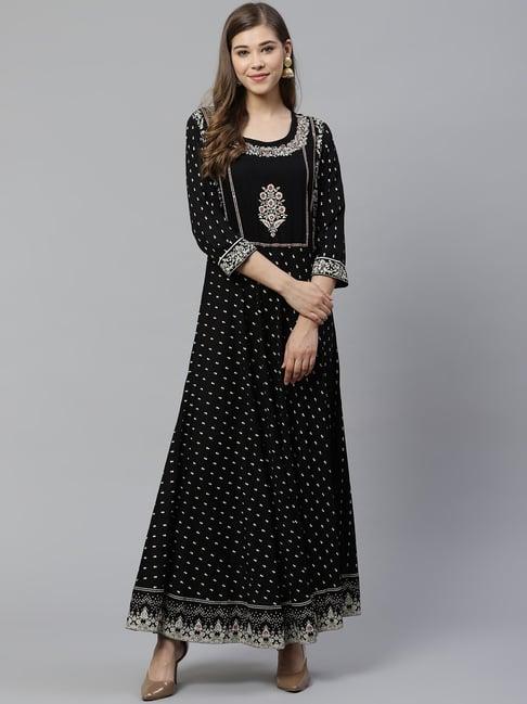 divena black floral print anarkali kurta