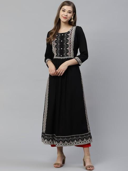 divena black floral print straight kurta