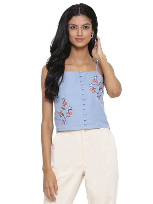 rooted blue embroidered top