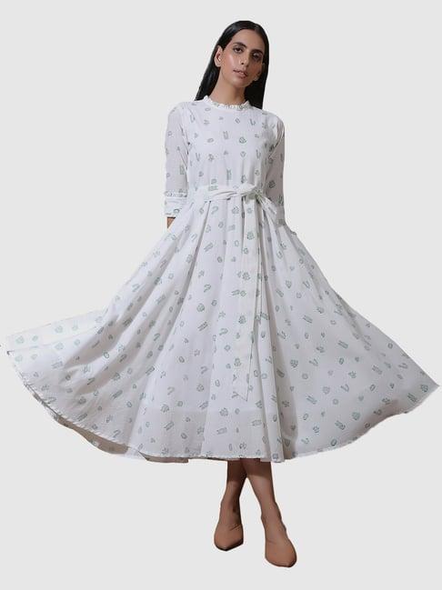 okhai cereus pearl white pure cotton printed a-line dress