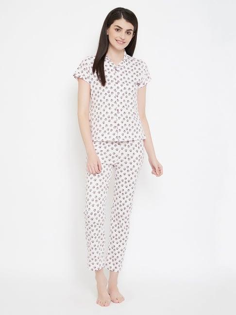 clovia white graphic print shirt & pyjamas set