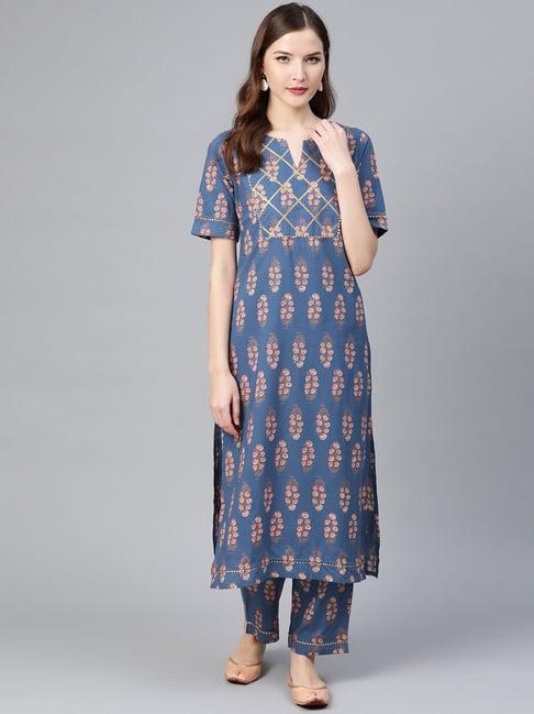 idalia blue cotton printed kurta pant set