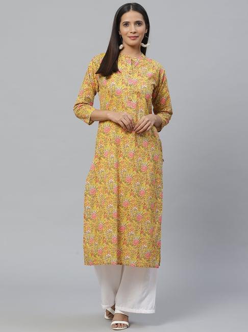 ksut yellow floral print straight kurta