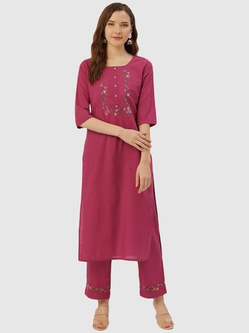 jaipur kurti pink cotton embroidered kurta pant set