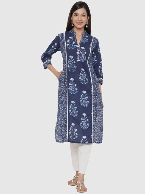 jaipur kurti indigo blue cotton printed straight kurta