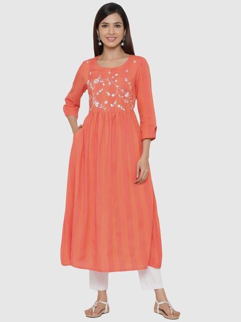 jaipur kurti coral & white embroidered kurta pant set