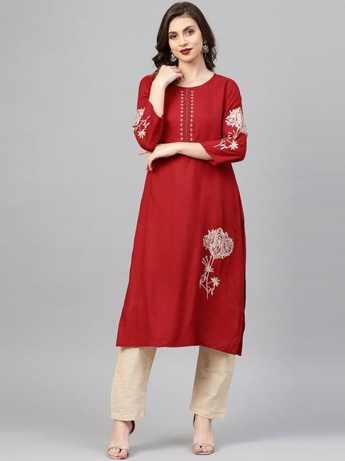 chhabra 555 red & beige cotton embroidered kurta pant set