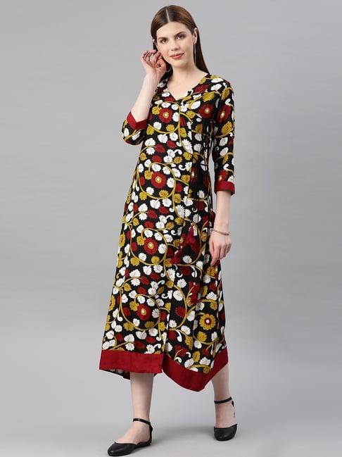 geroo jaipur yellow & black kalamkari hand block printed rayon dress