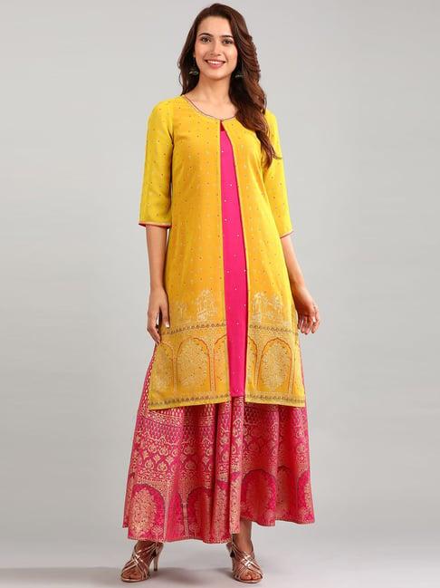 aurelia yellow embroidered round neck printed kurti with gilet