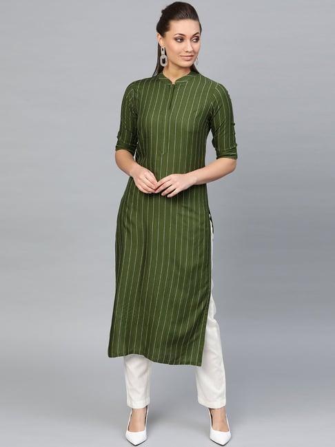 indo era moss green striped straight kurta