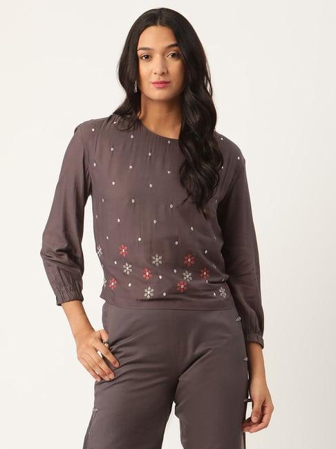 rooted charcoal embroidered top