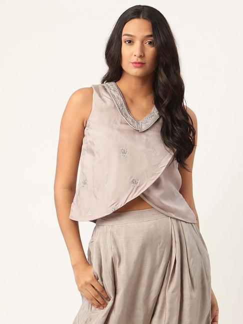 rooted ash grey embroidered top