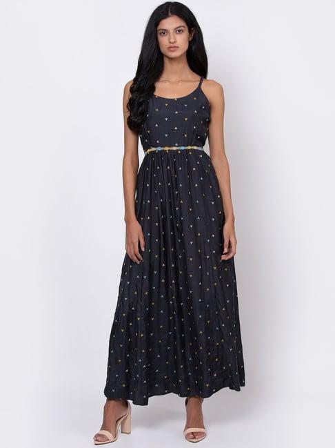 rooted navy embroidered dress