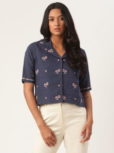 rooted blue embroidered top