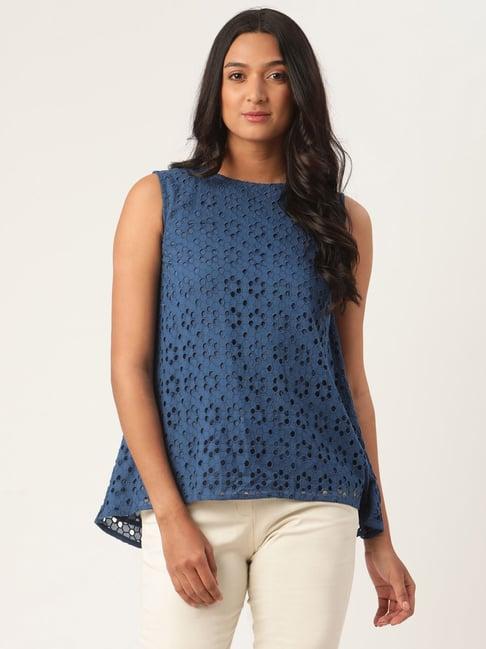 rooted blue embroidered top