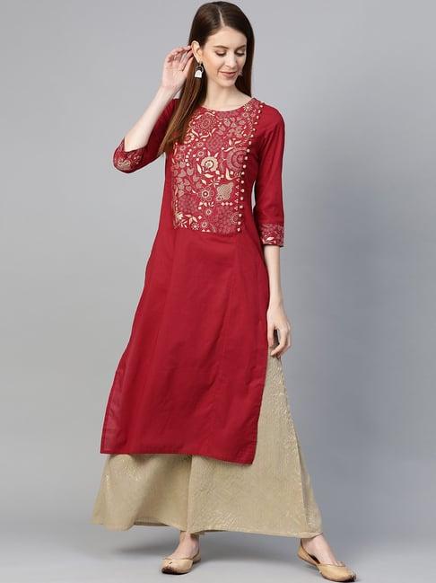 ksut maroon cotton printed straight kurta