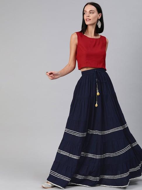 geroo jaipur women handcrafted maroon crop top & navy blue pure cotton skirt