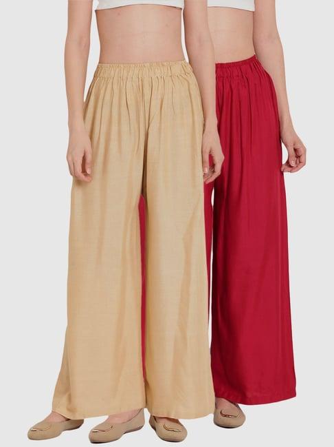 tag 7 beige & maroon cotton palazzos - pack of 2