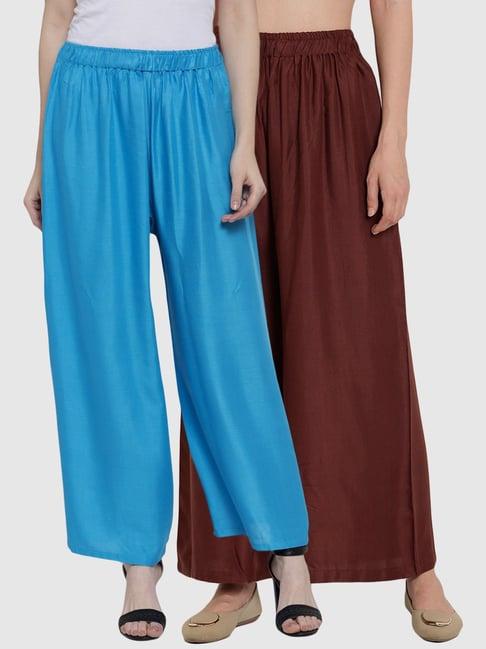 tag 7 blue & brown cotton palazzos - pack of 2