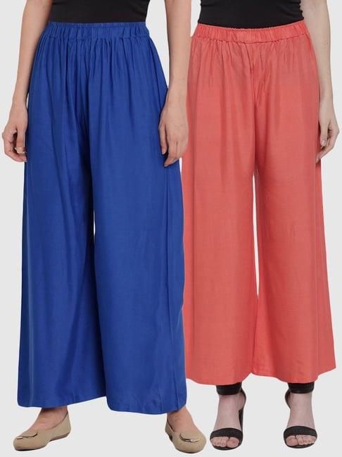 tag 7 blue & peach cotton palazzos - pack of 2