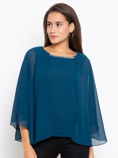 iti teal blue regular fit cape top