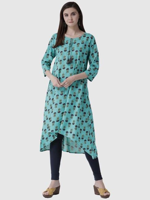 span sea green cotton floral high low kurta