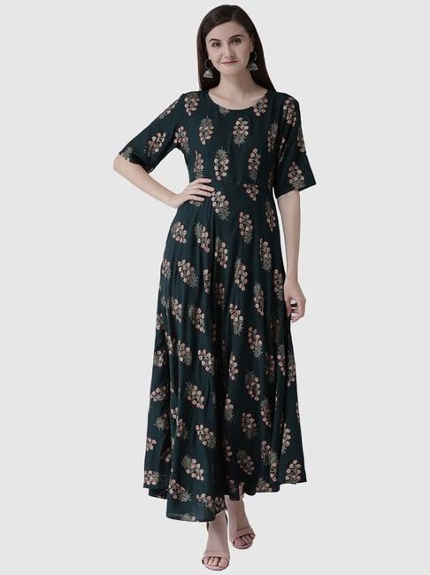 span green floral print a line kurta