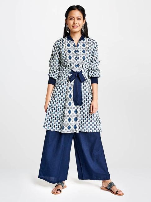 global desi navy & white printed tunic