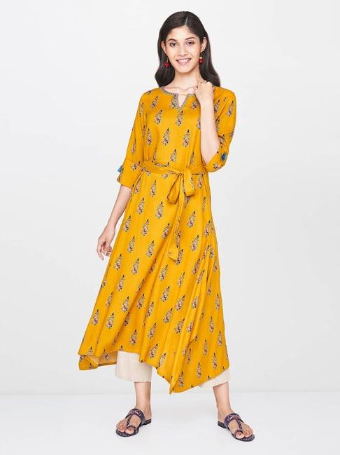 global desi mustard floral print kurta